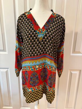Tolani Nisha 100% Silk Boho Floral/Geometric Print Dress/Tunic/Cover Size XS